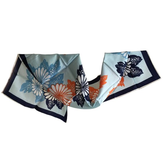 Long Floral Scarf Blue Orange White Print Vintage Accessory - Picture 2 of 5